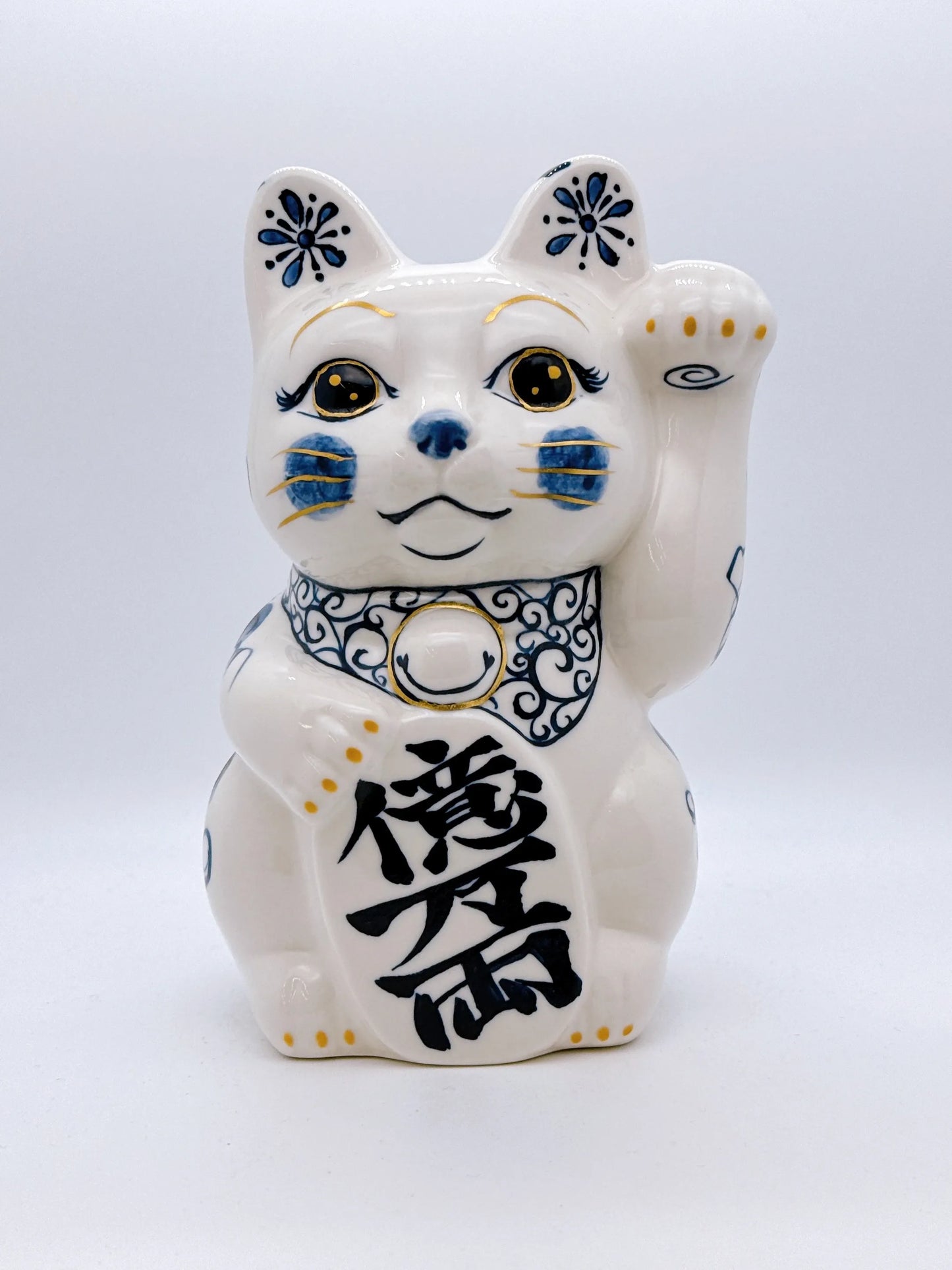 日本清水燒招財貓 染付 金彩福鳥 特大