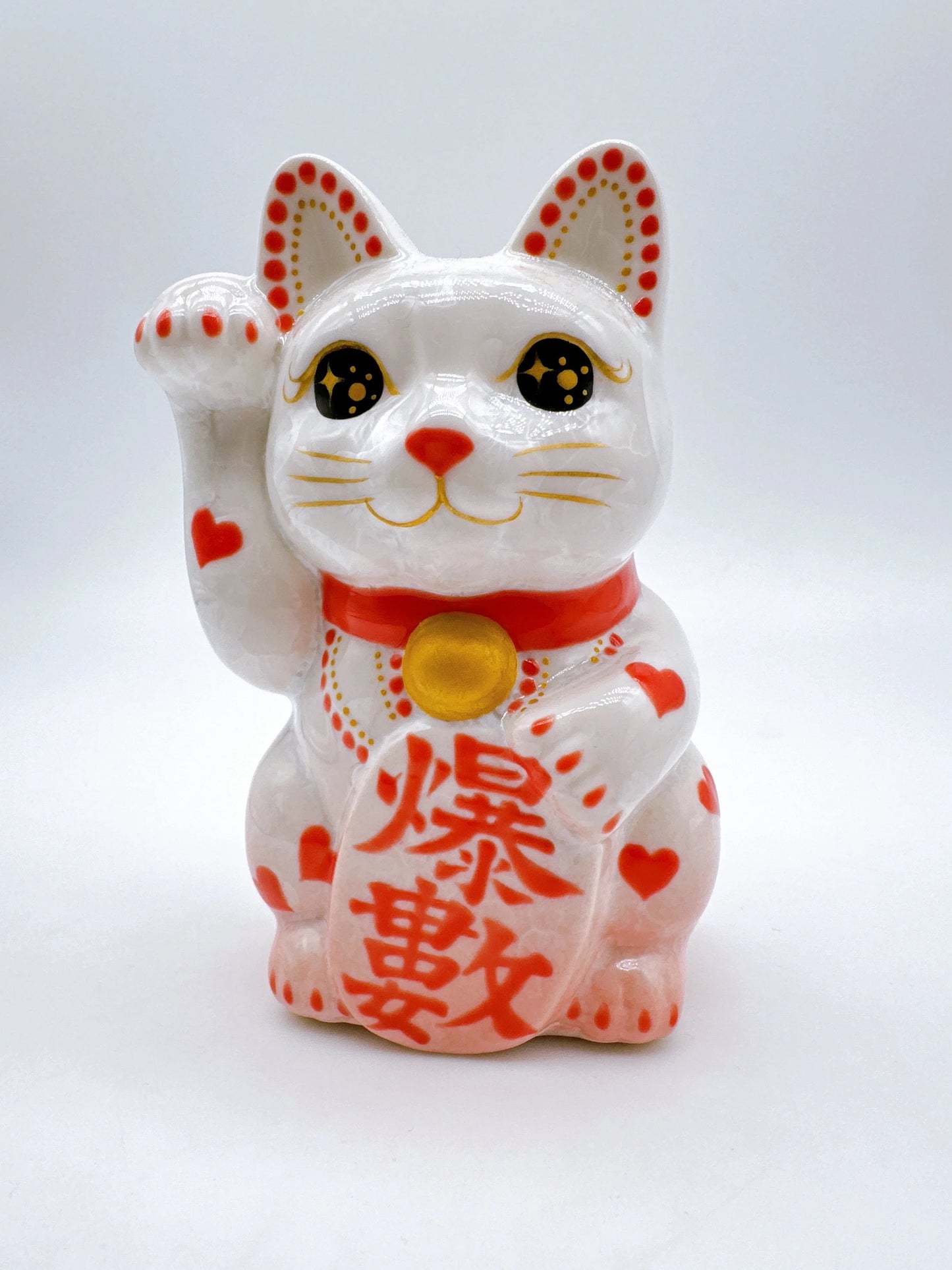 日本清水燒招財貓 花結晶 桃白 体心 爆數 右