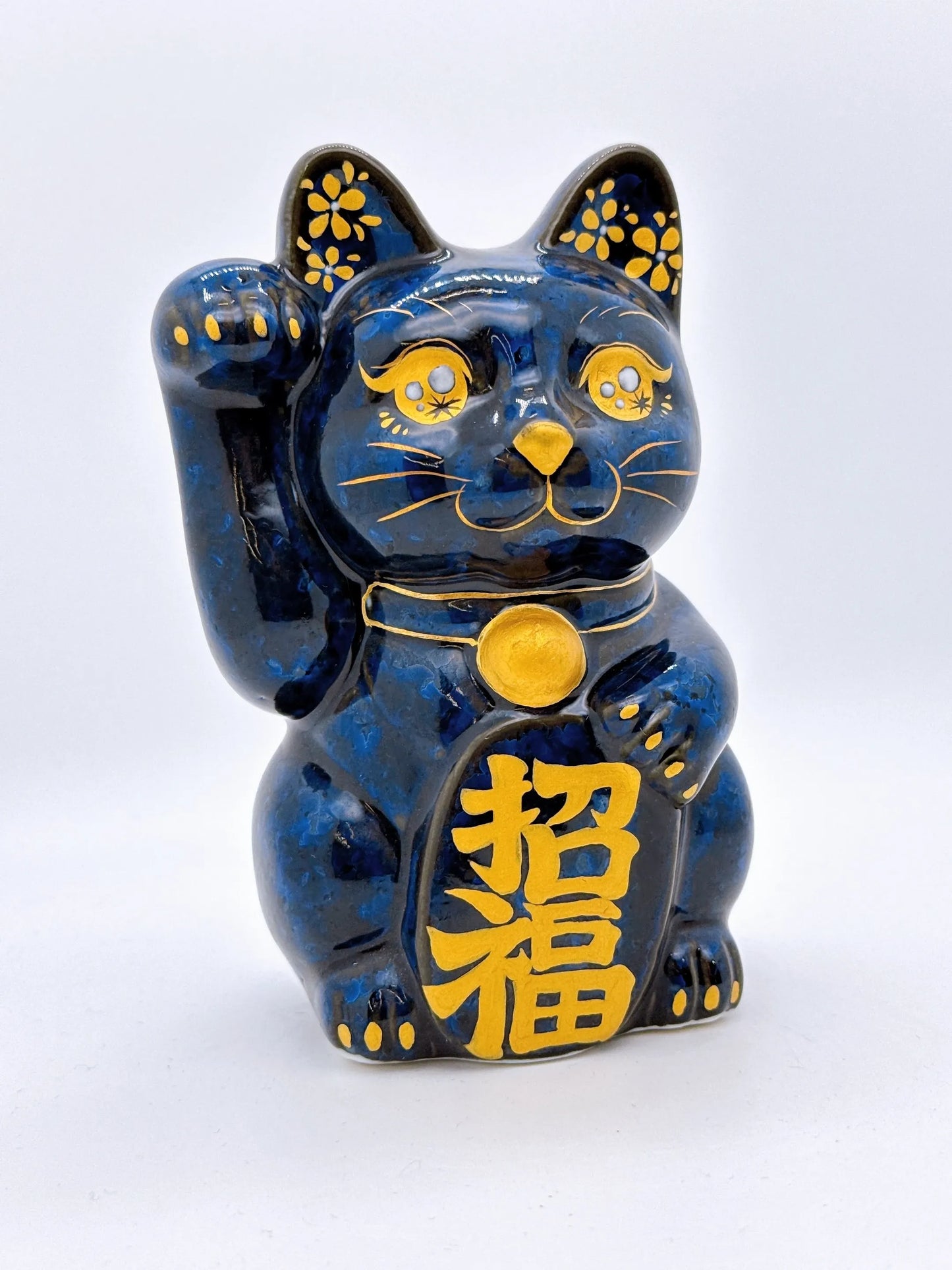 日本清水燒招財貓 青墨 金彩招福 櫻