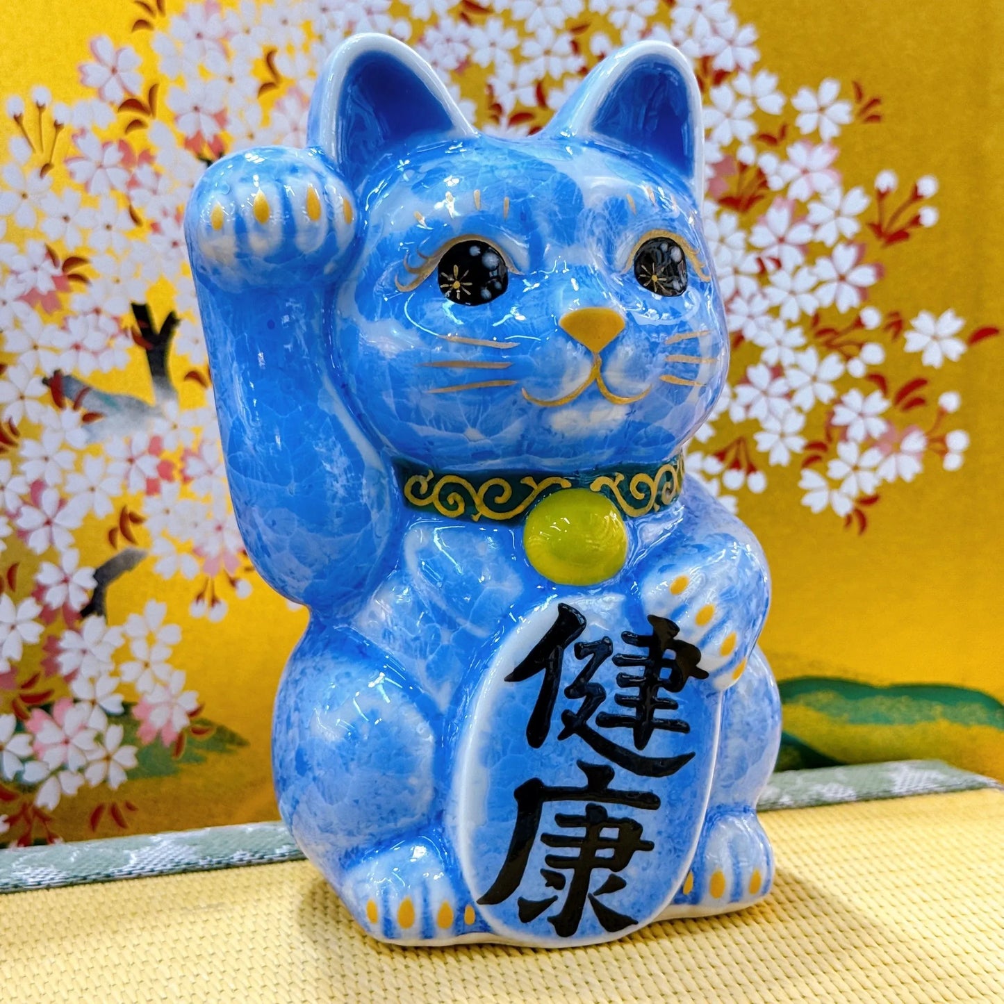 日本清水燒招財貓 花結晶 青 健康 右
