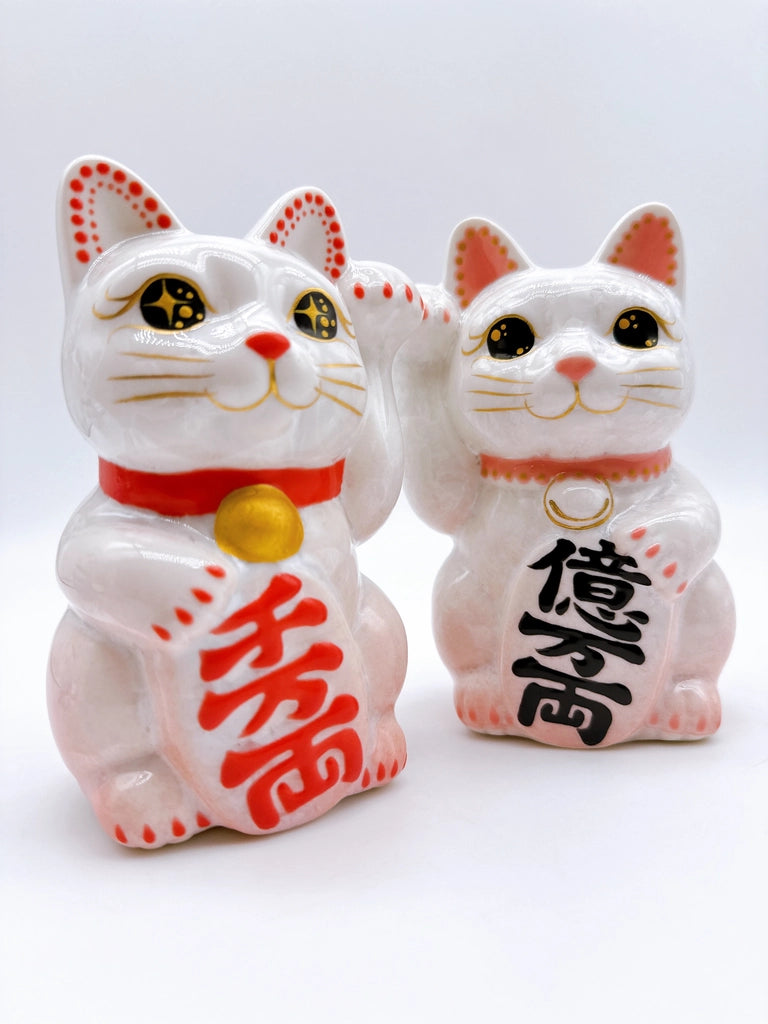 日本清水烧招财猫 花结晶 桃白 千万两 左