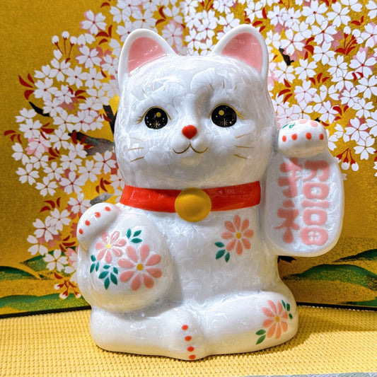 日本清水燒招財貓 花結晶 白 招福