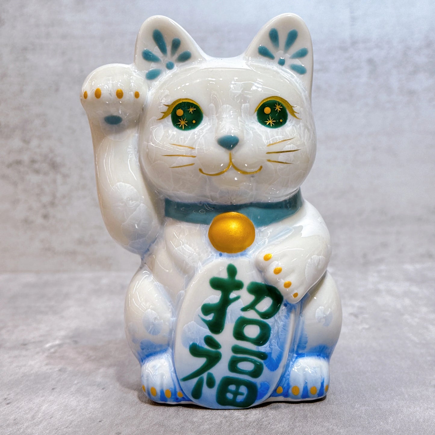 日本清水燒招財貓 花結晶 青白 招福 右