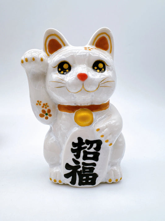 日本清水燒招財貓 花結晶 白 千万両 左