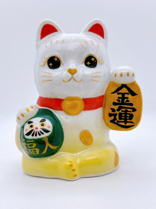 日本清水燒招財貓 達摩 花結晶 黃白 金運