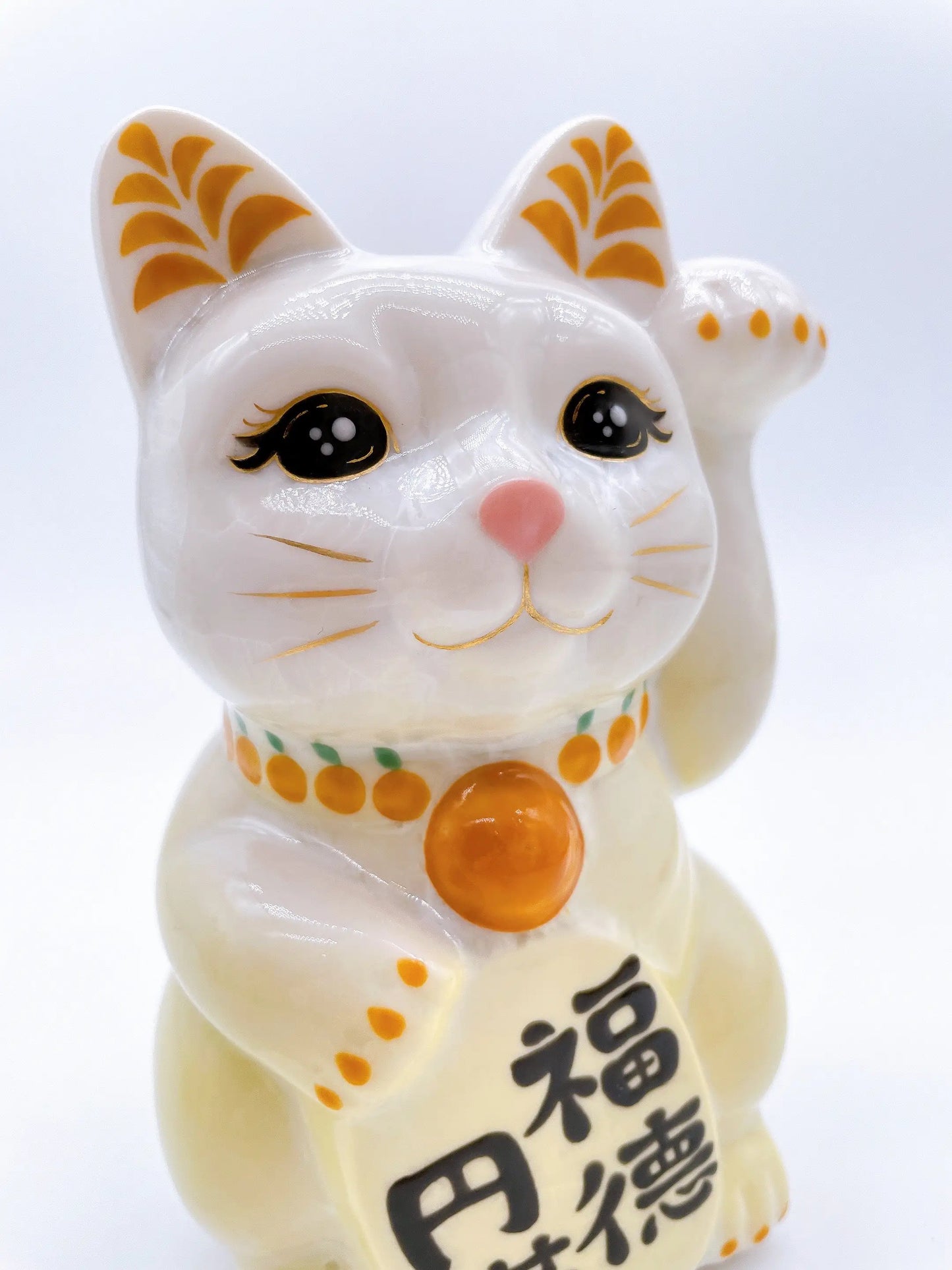 日本清水烧招财猫 花结晶 黄白 福德圆满