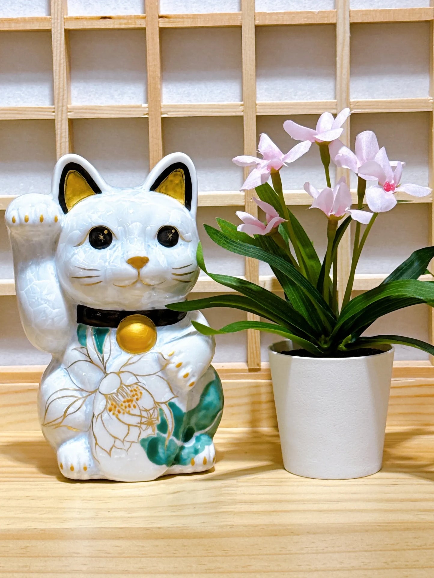 日本清水燒招財貓 花結晶 白 千万両 体花 右