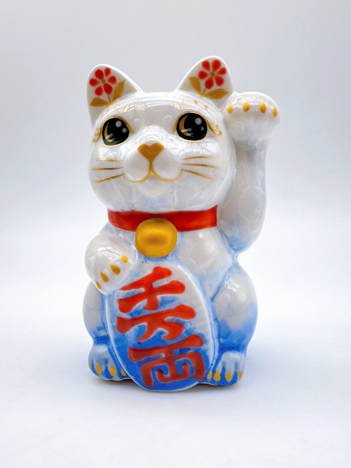 日本清水燒招財貓 花結晶 青白 千万両 左