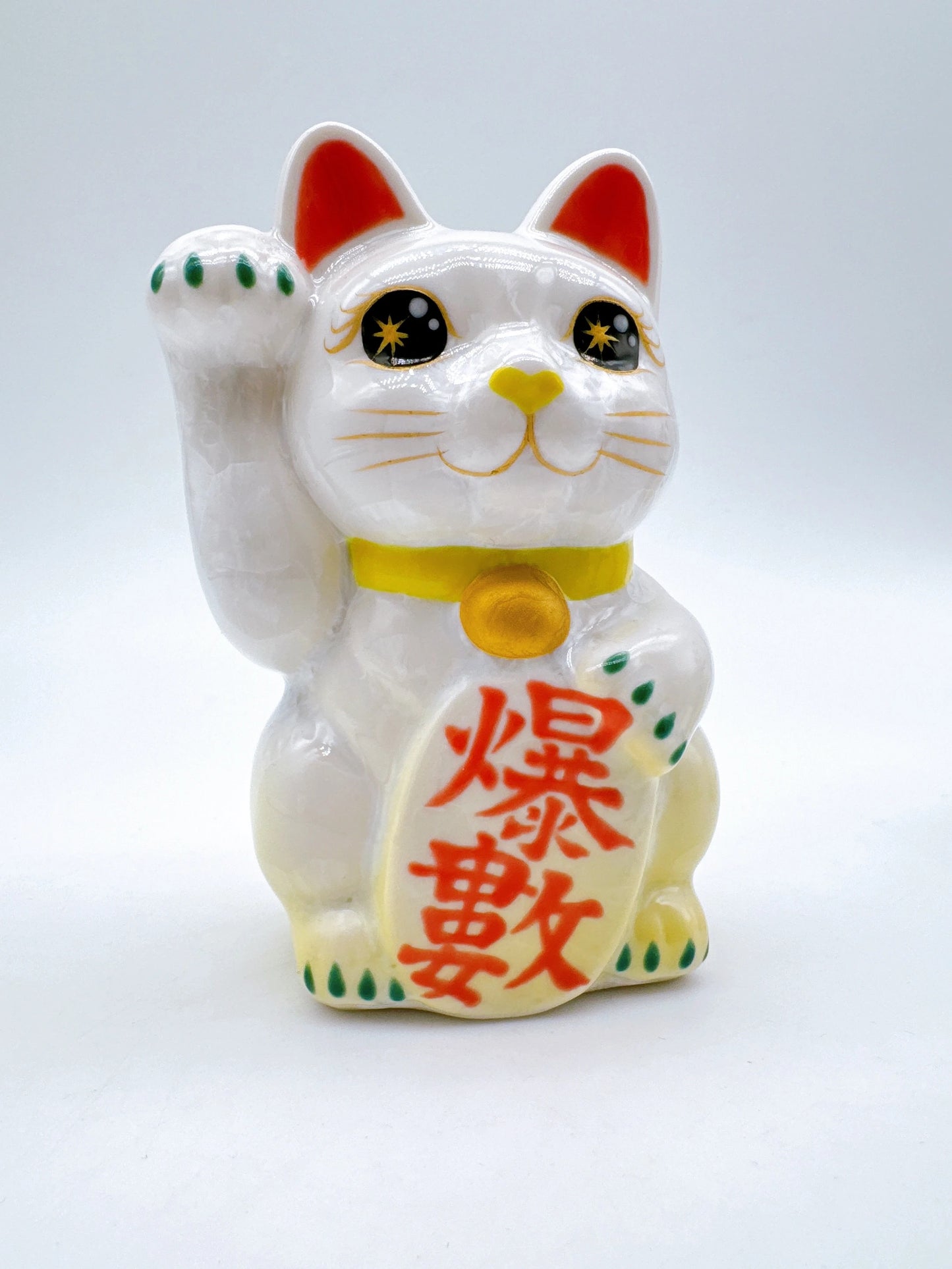 日本清水燒招財貓 花結晶 黃白 爆數 右