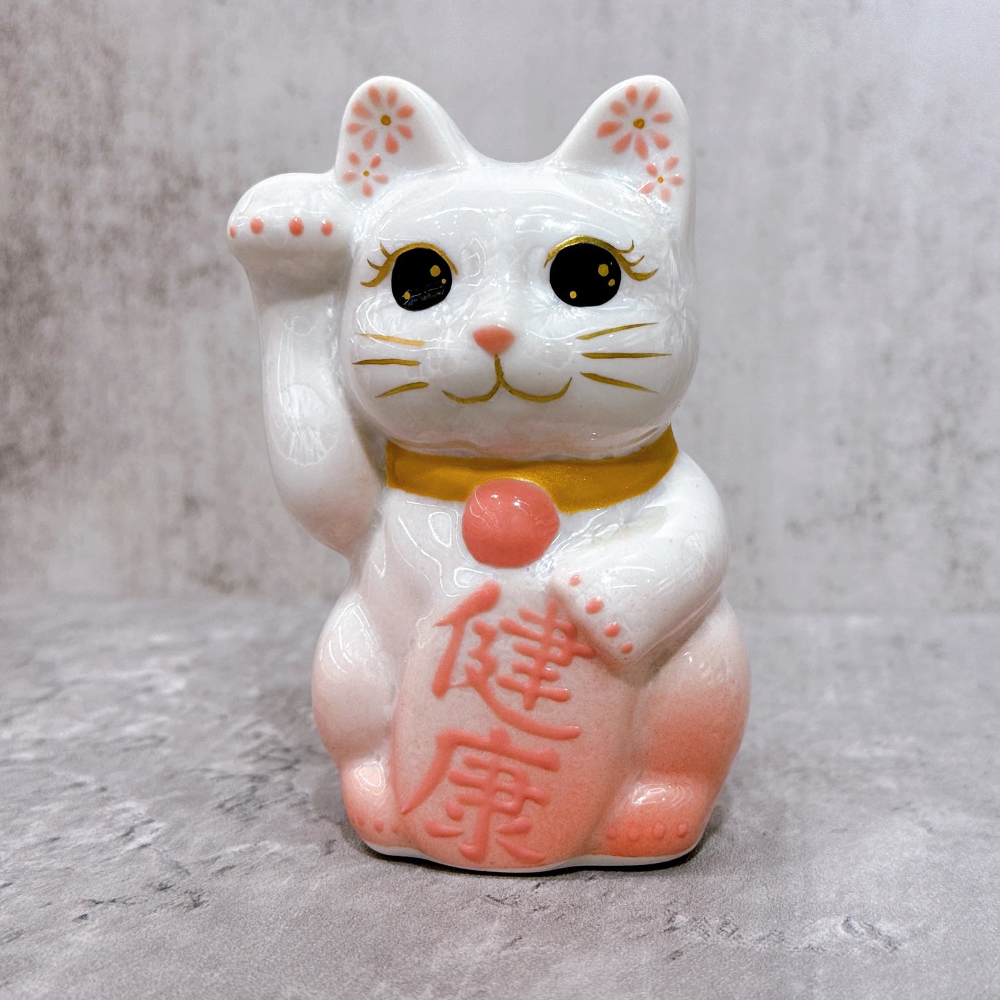 日本清水燒招財貓 花結晶 桃白 健康 右 特小