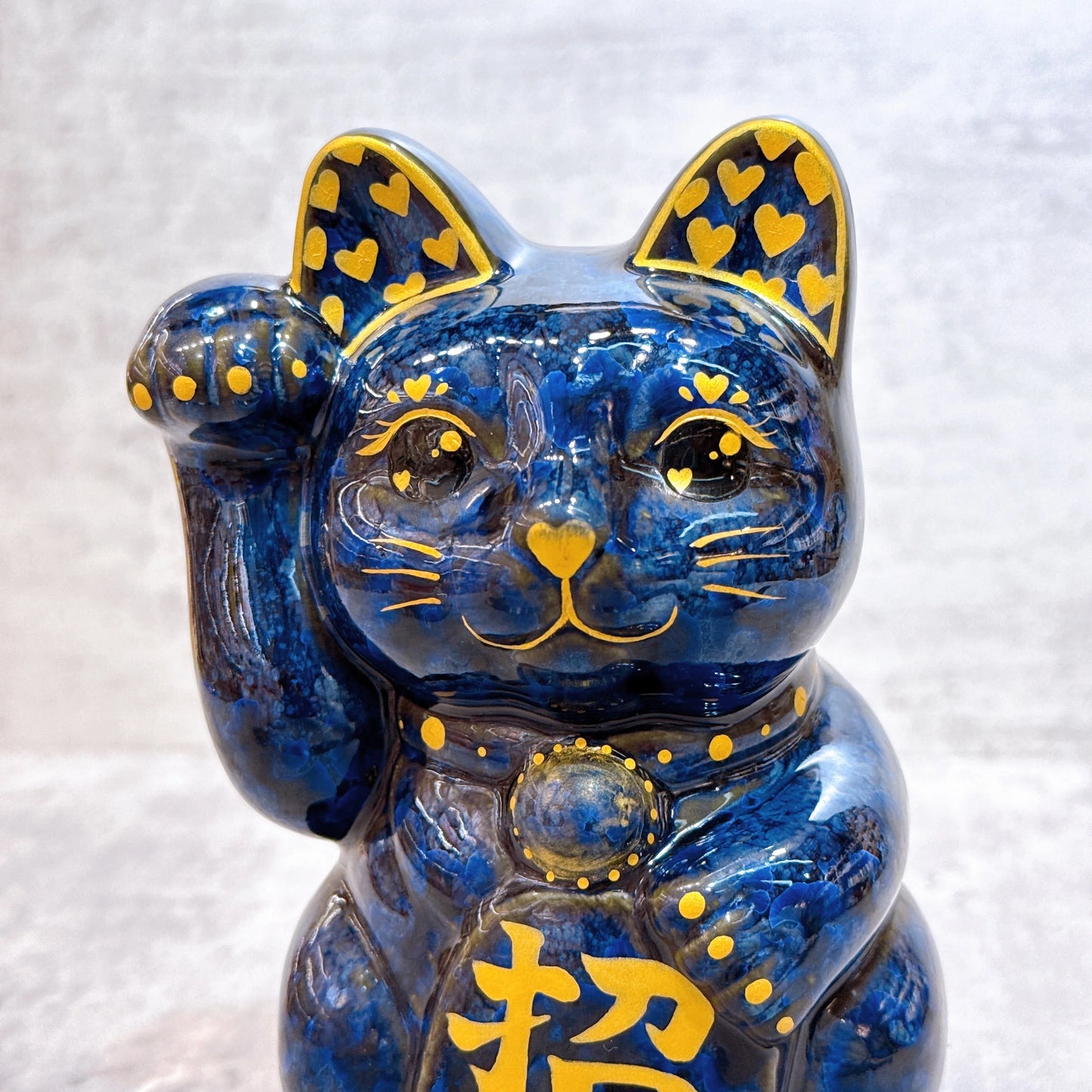 日本清水燒招財貓 青墨 金彩心 招福