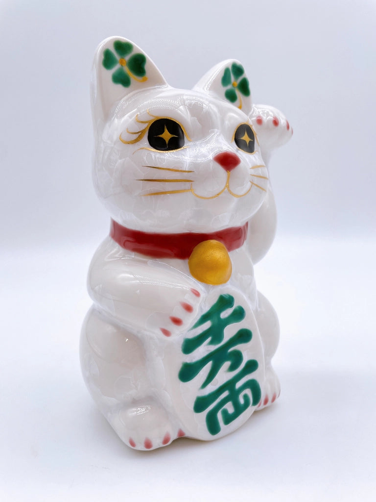 日本清水烧招财猫 花结晶 白 千万两 左
