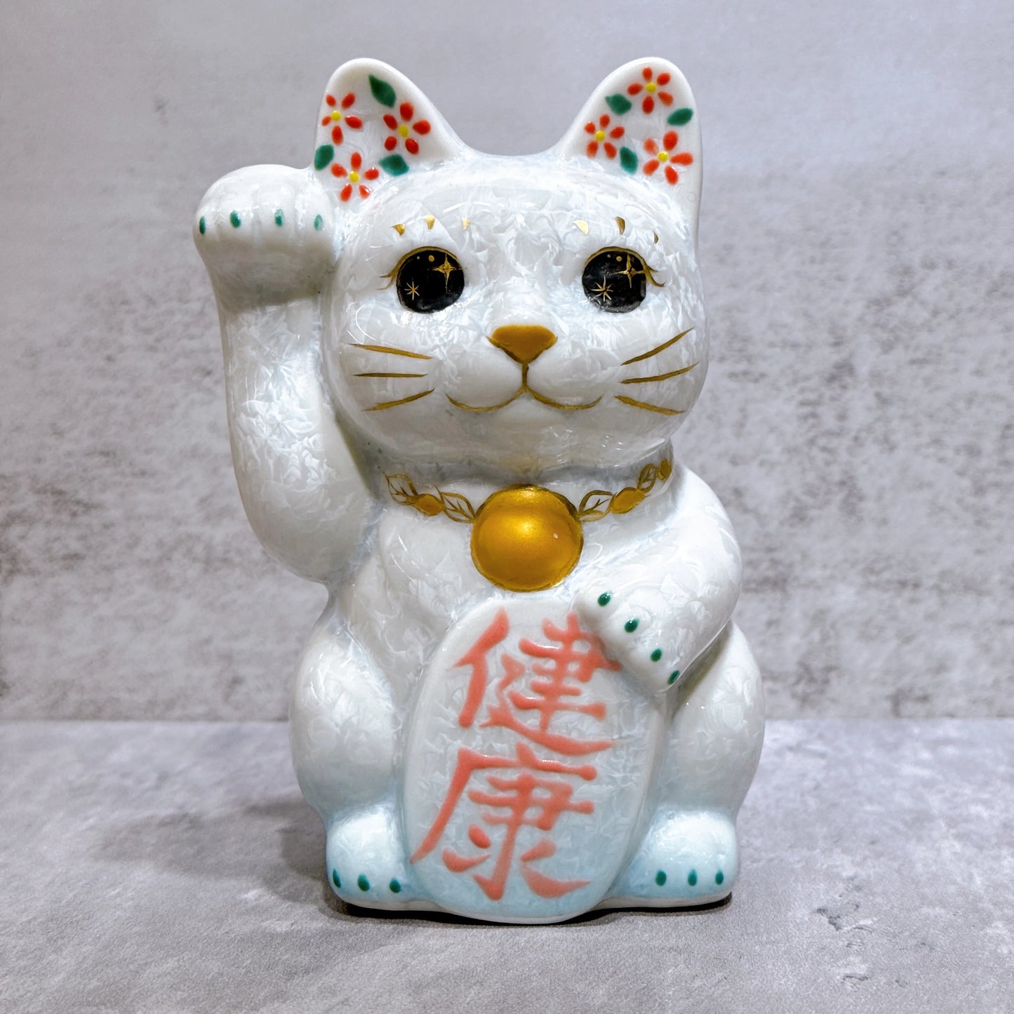 日本清水燒招財貓 花結晶 水白 健康 右