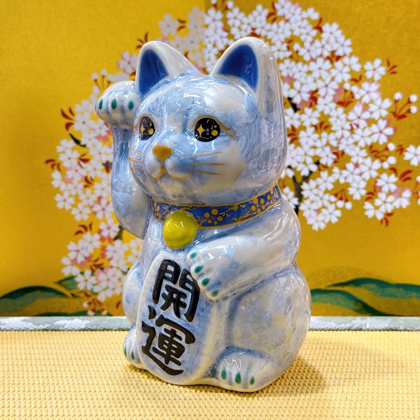日本清水燒招財貓 花結晶 銀藤 開運 右