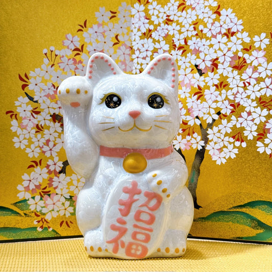 日本清水燒招財貓 花結晶 白 招福 右