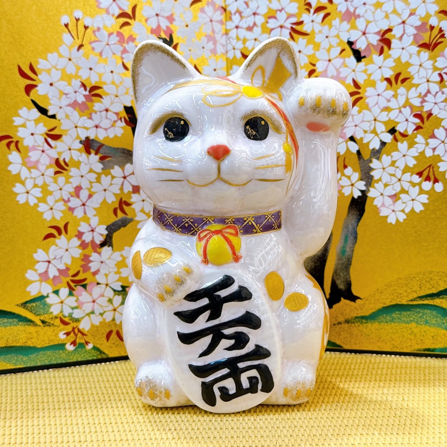 日本清水燒招財貓 花結晶 桃小判 左