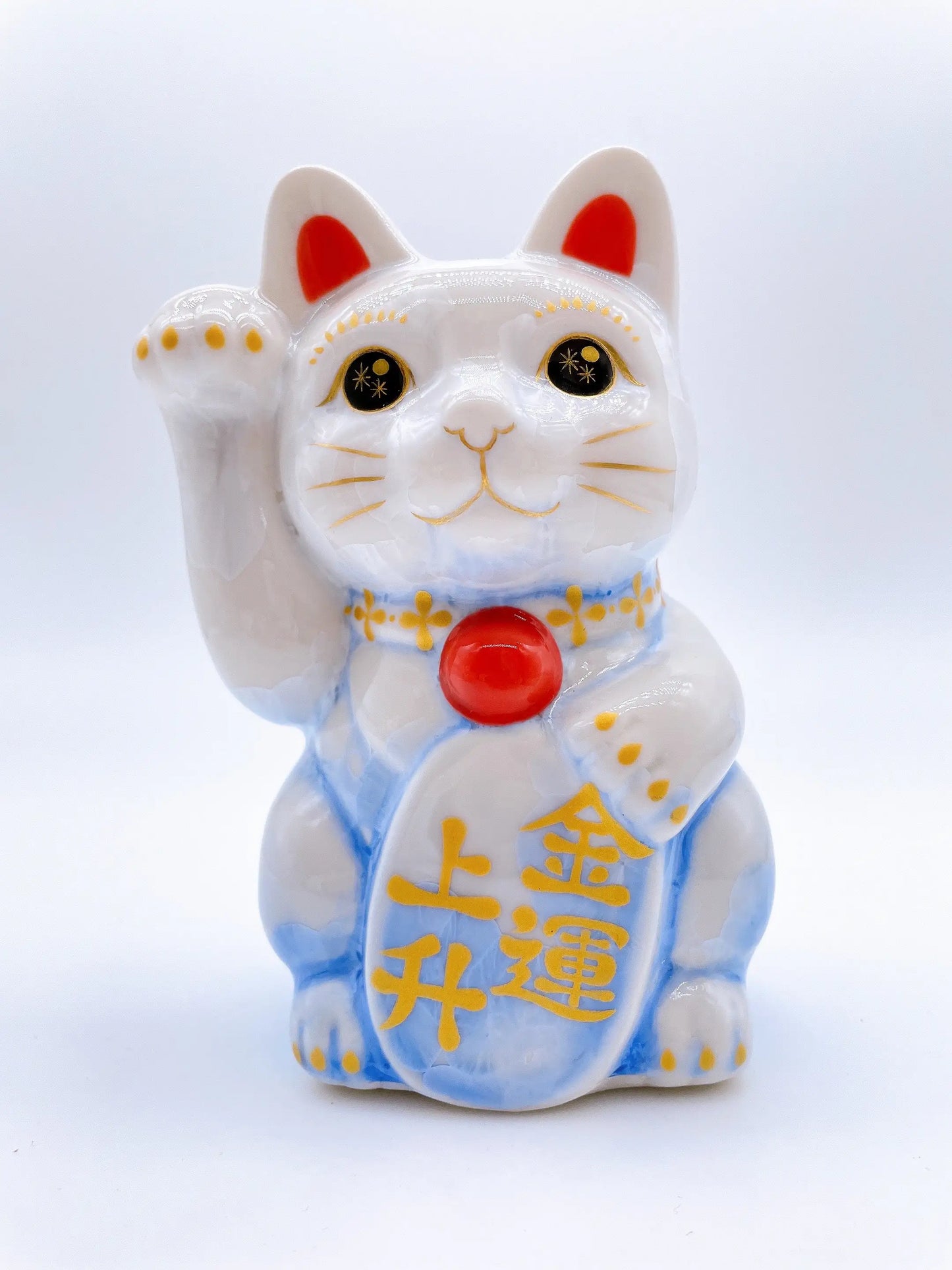 日本清水烧招财猫 花结晶 青白 金运上升