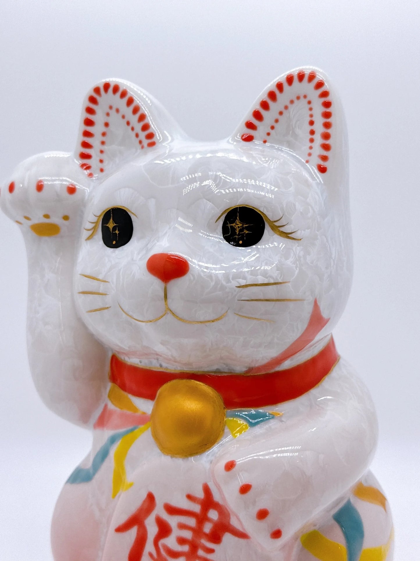 日本清水燒招財貓 花結晶 桃白 健康 特大 右