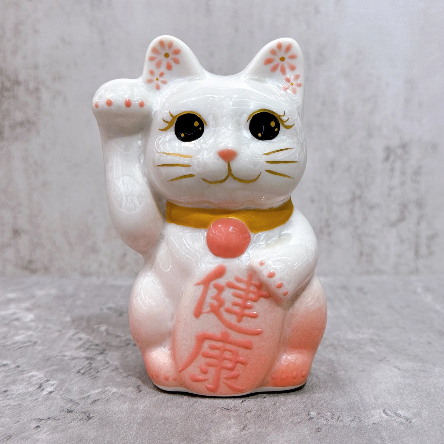 日本清水燒招財貓 花結晶 桃白 健康 右 特小