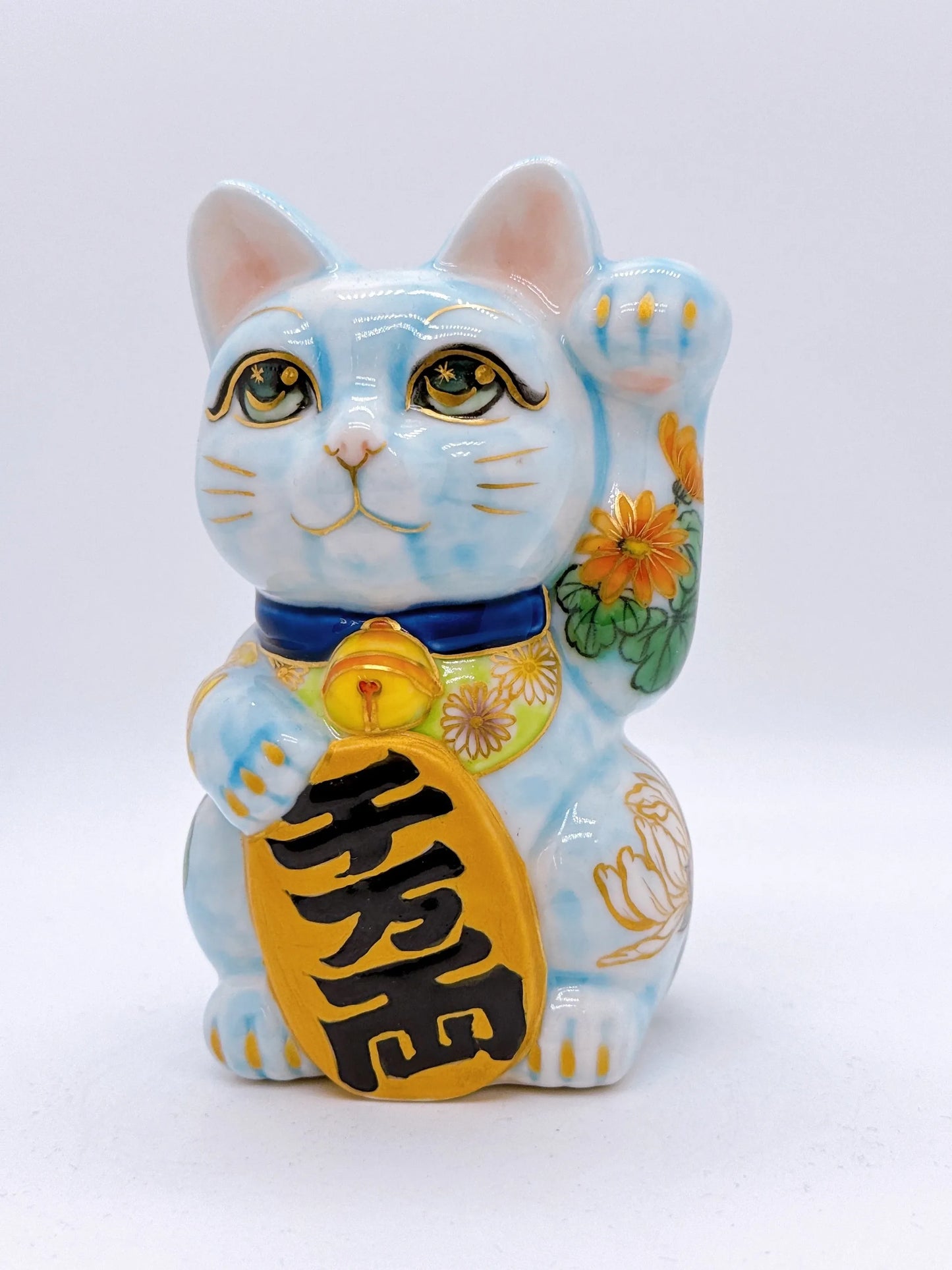 日本清水烧招财猫 水色地菊