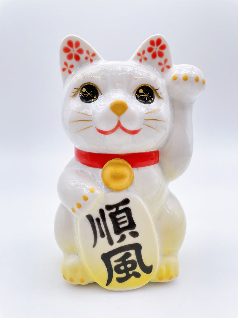 日本清水烧招财猫 花结晶 白黄 顺风