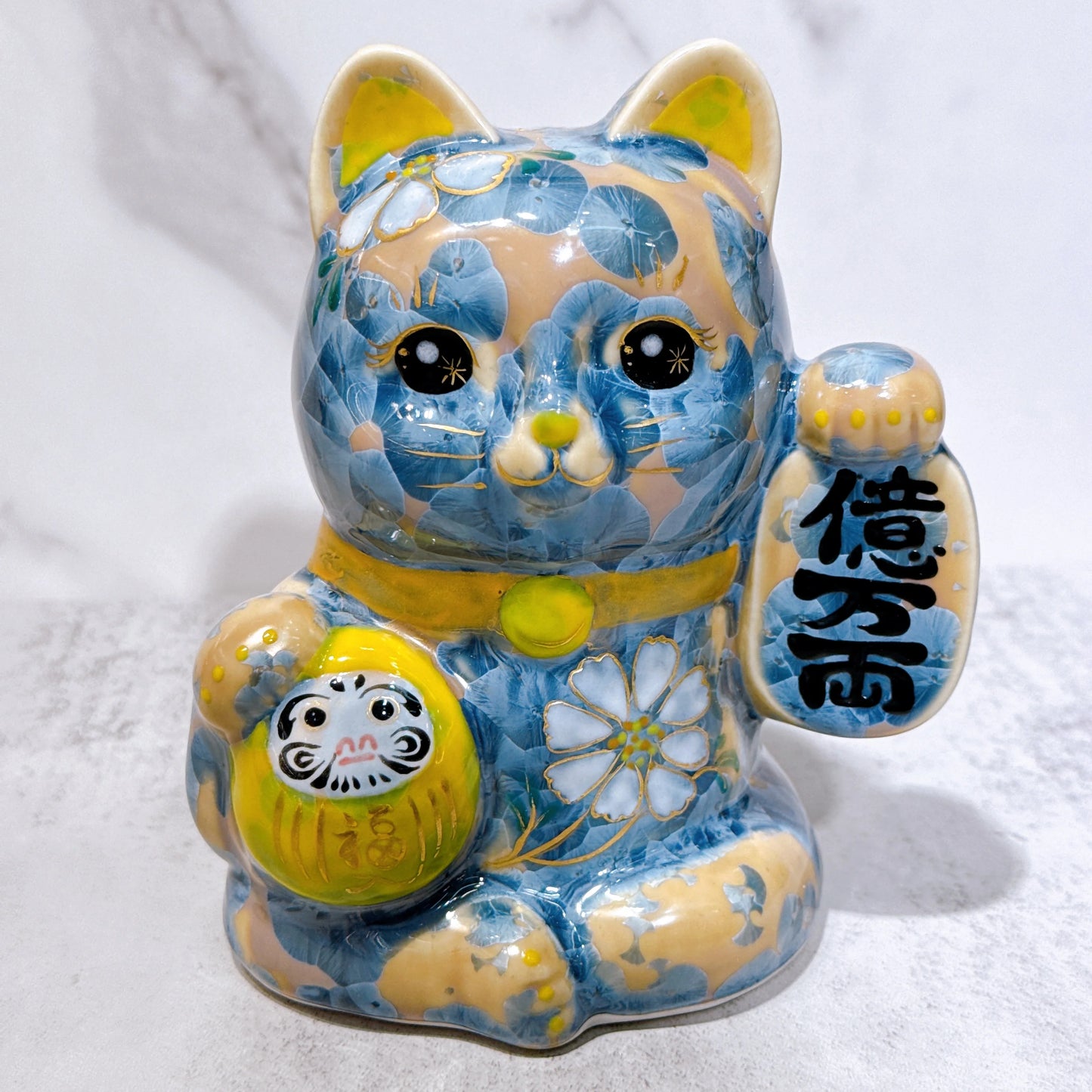 日本清水燒招財貓 達摩 花結晶 灰青 億万両