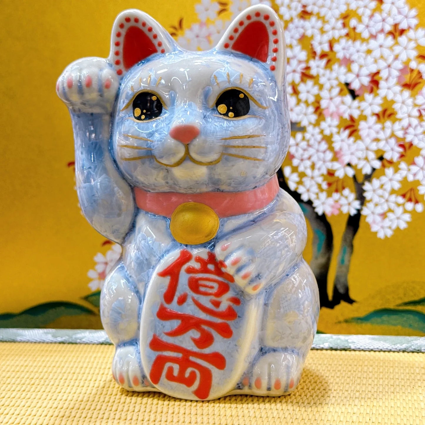 日本清水燒招財貓 花結晶 銀藤 億万両 右