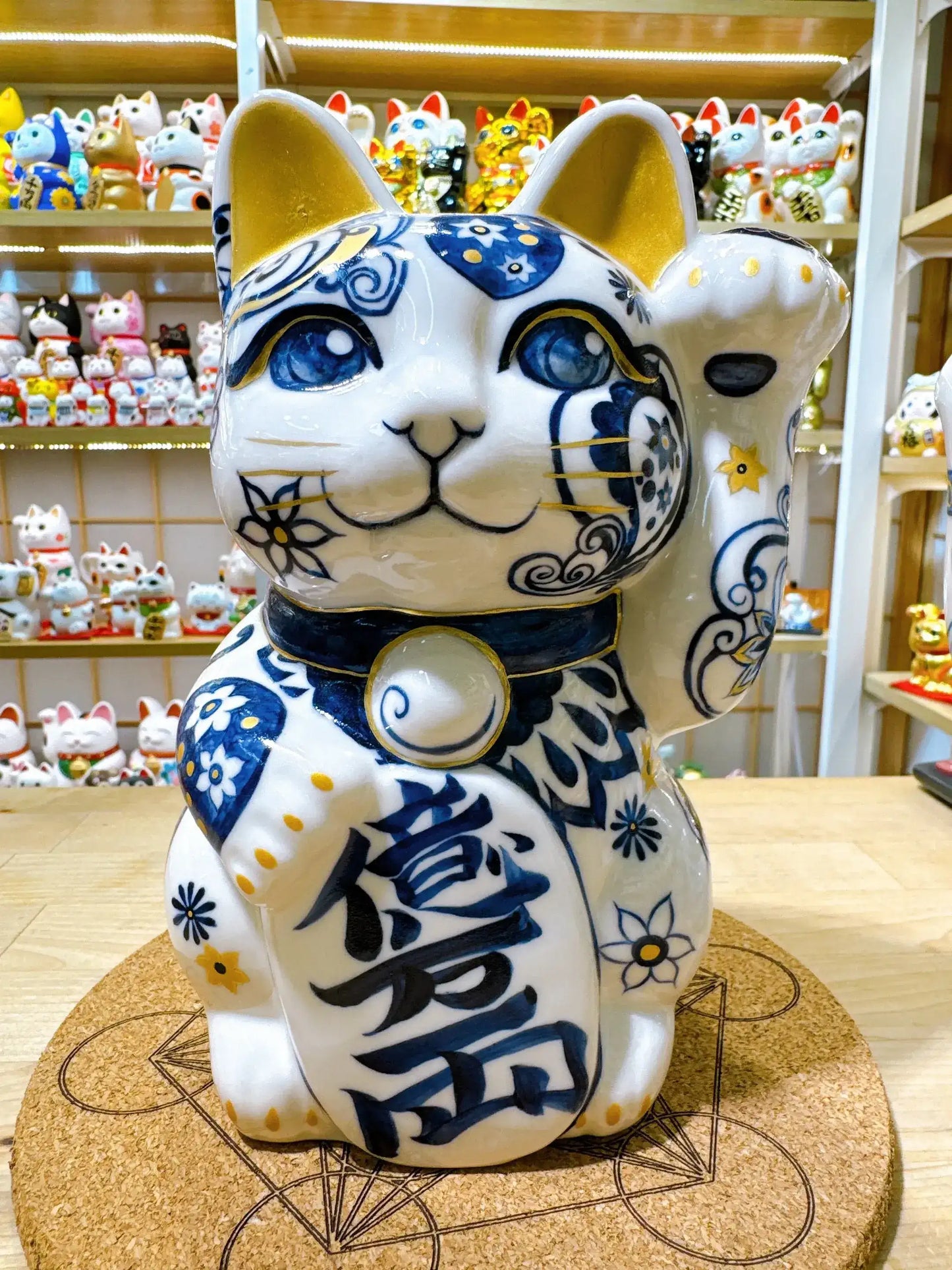 日本清水燒招財貓 染付 腰果花 金彩 特大