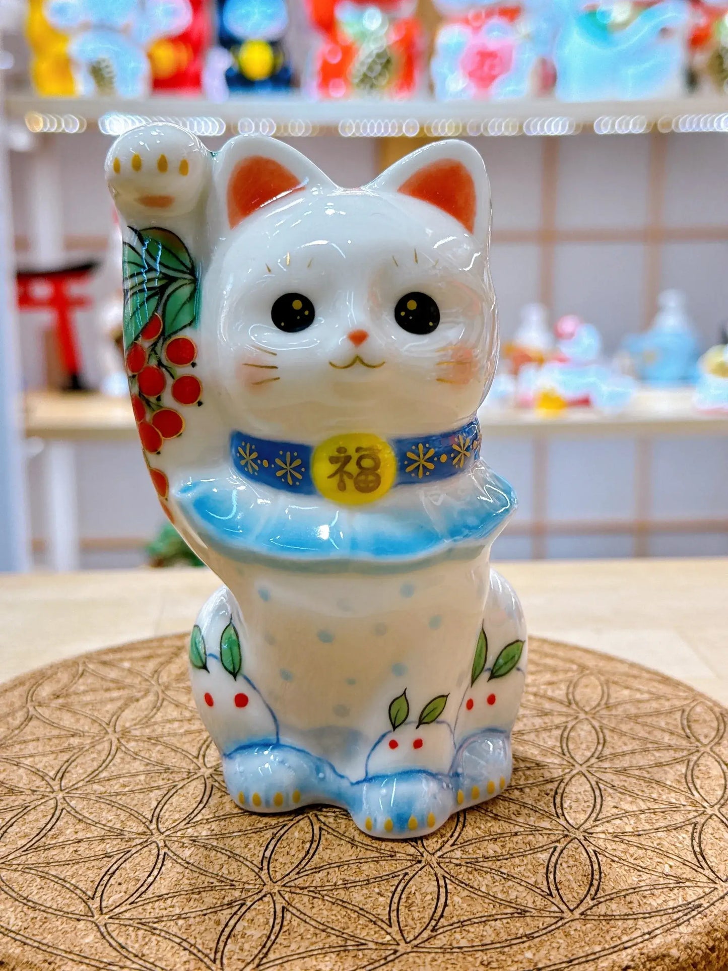 日本清水燒招財貓 色繪 雪兔