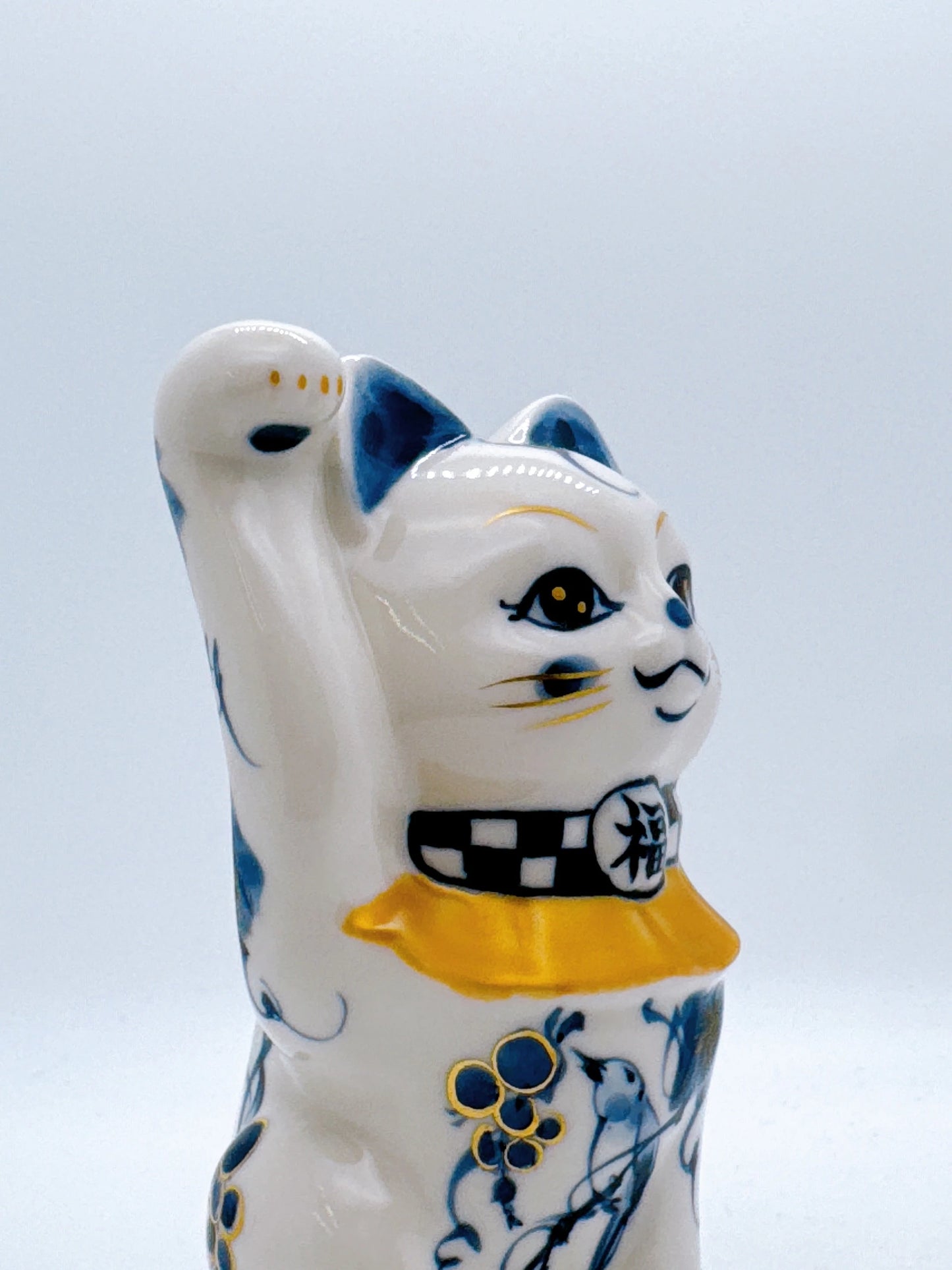 日本清水燒招財貓 染付 金彩福鳥
