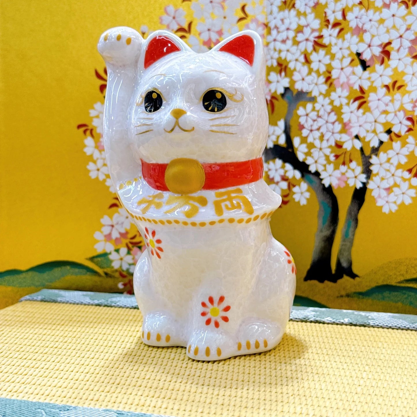 日本清水烧招财猫 花结晶 桃 千万两