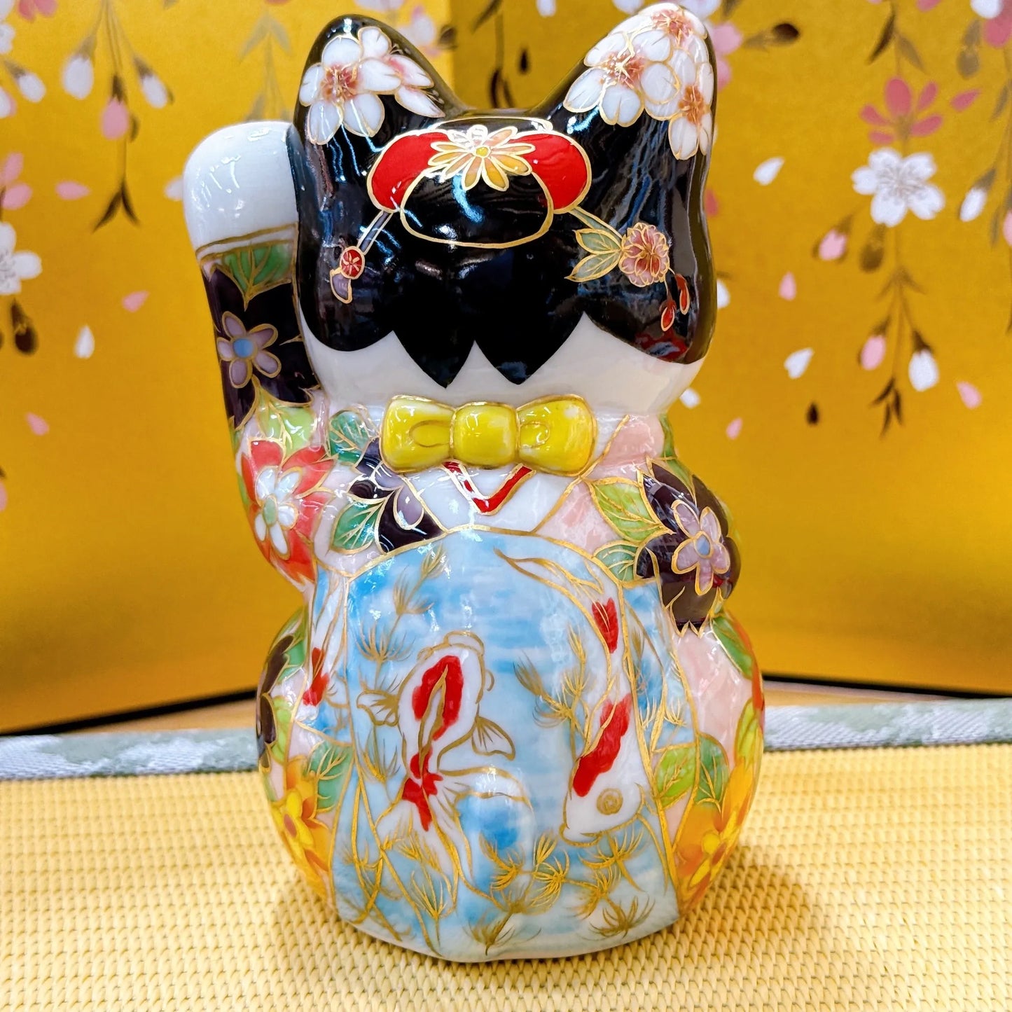 日本清水烧招财猫 色绘 舞妓鲤