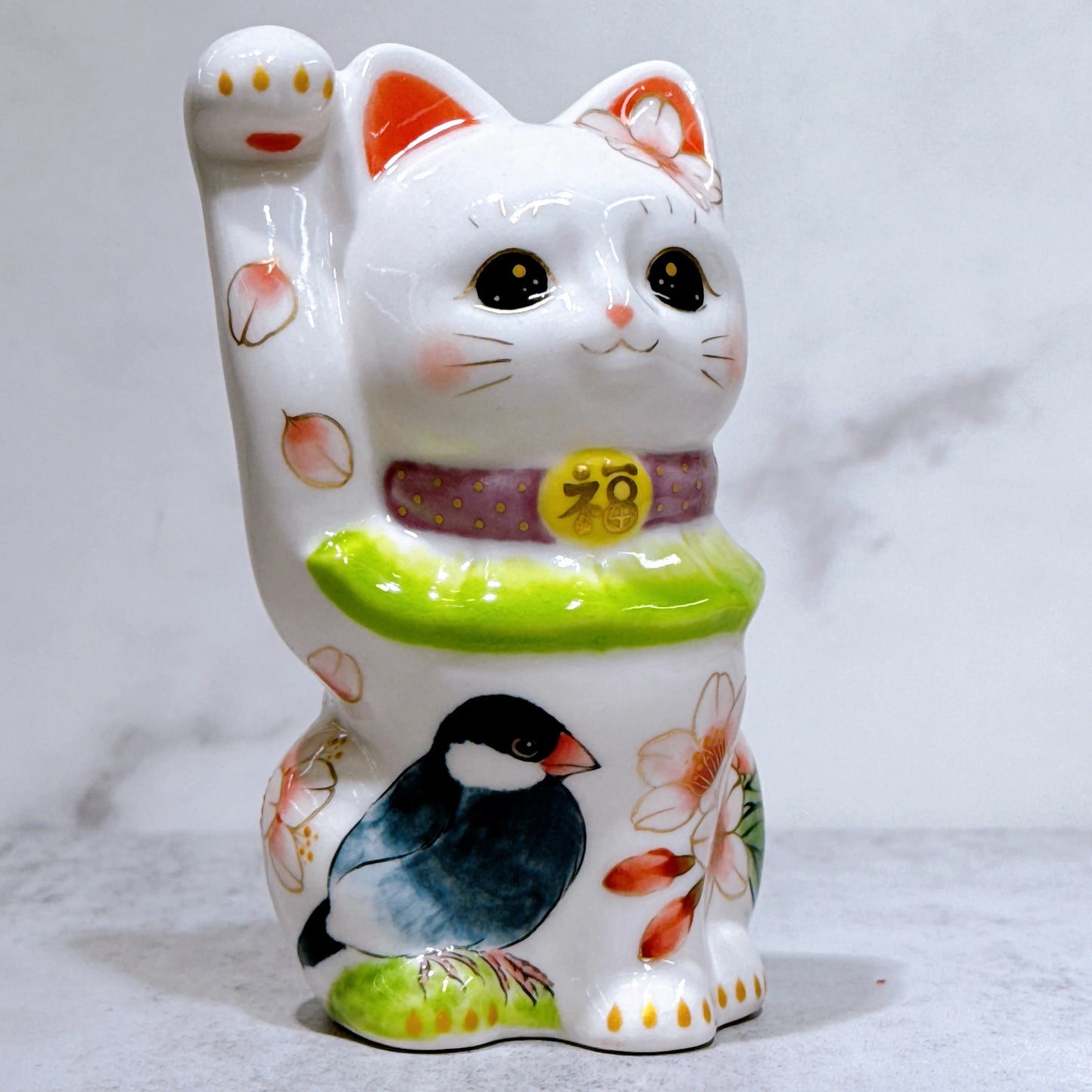 日本清水燒招財貓 色繪 白地花鳥