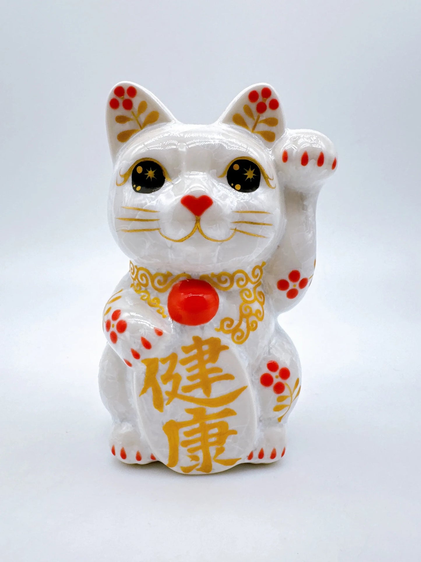 日本清水烧招财猫 花结晶 白体花 健康 左