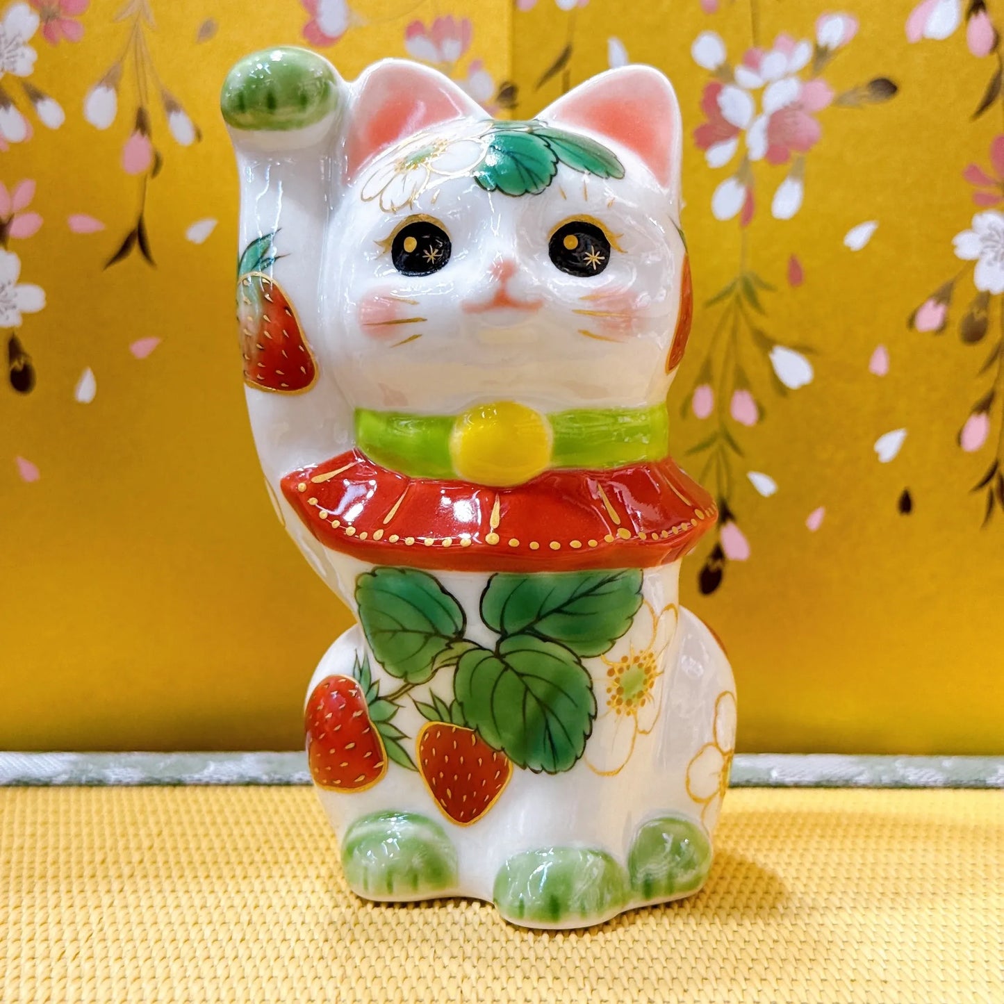 日本清水燒招財貓 色繪 白地 草莓