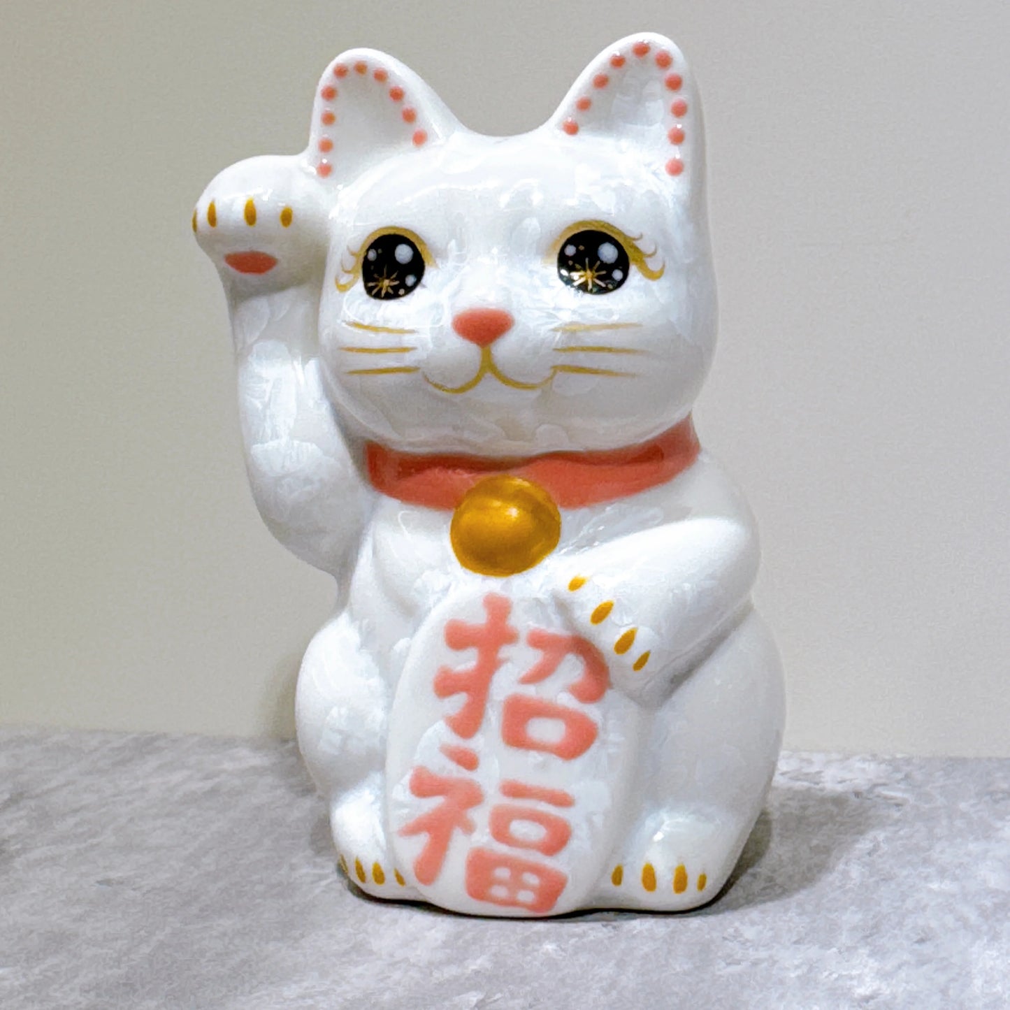 日本清水燒招財貓 花結晶 白 招福 右 特小