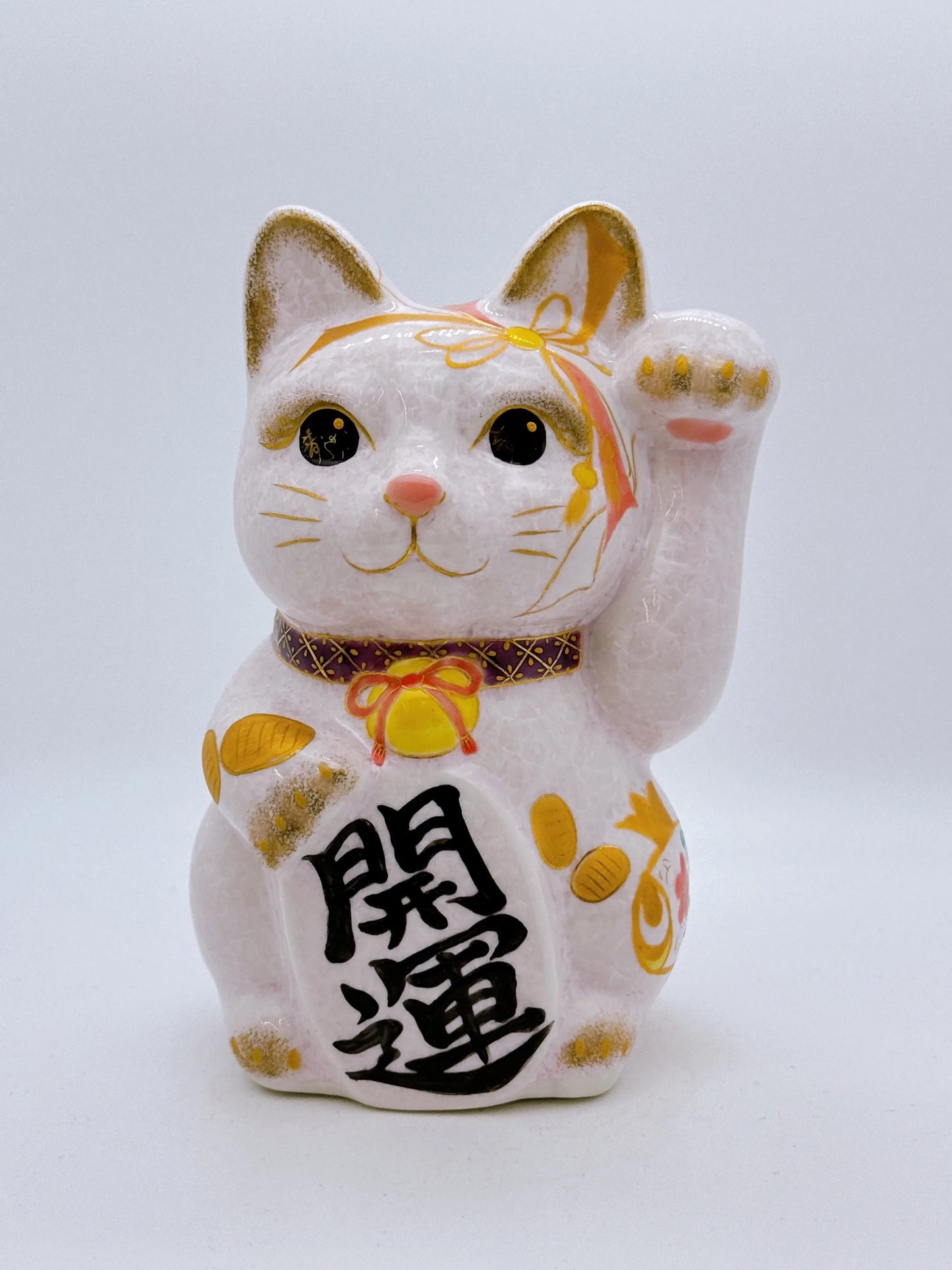 日本清水燒招財貓 花結晶 桃 小判 中號