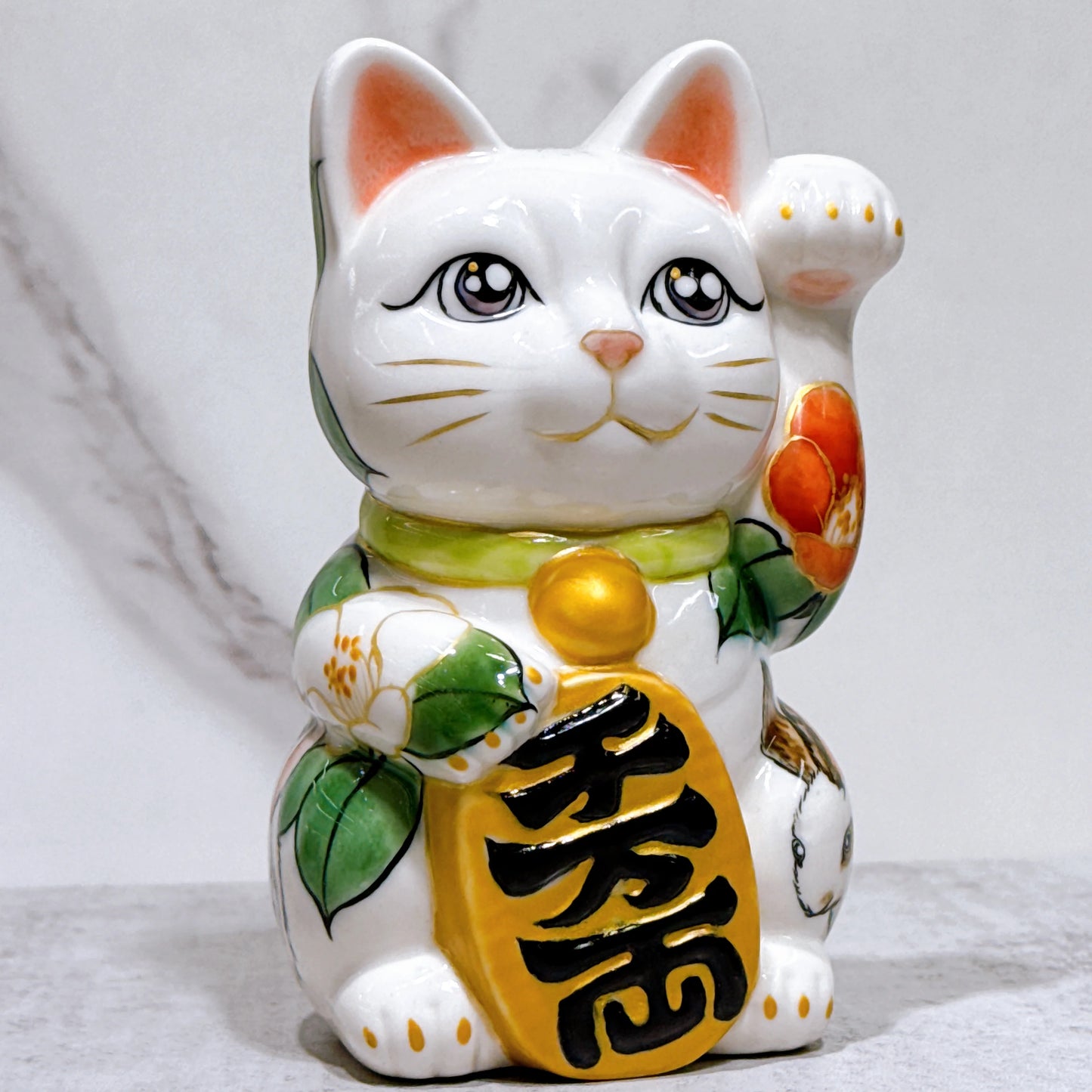 日本清水燒招財貓 色繪 榕花小兔