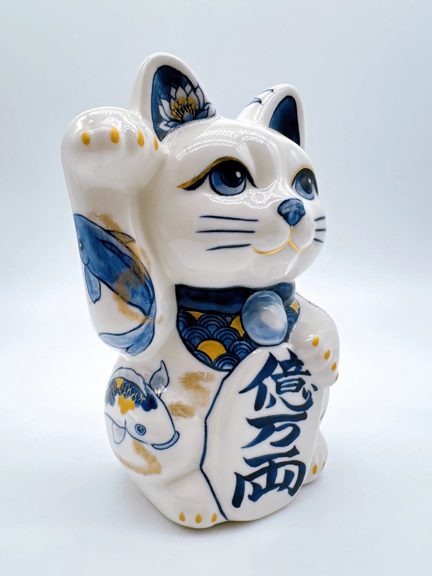 日本清水燒招財貓 染付 金彩鯉 中號