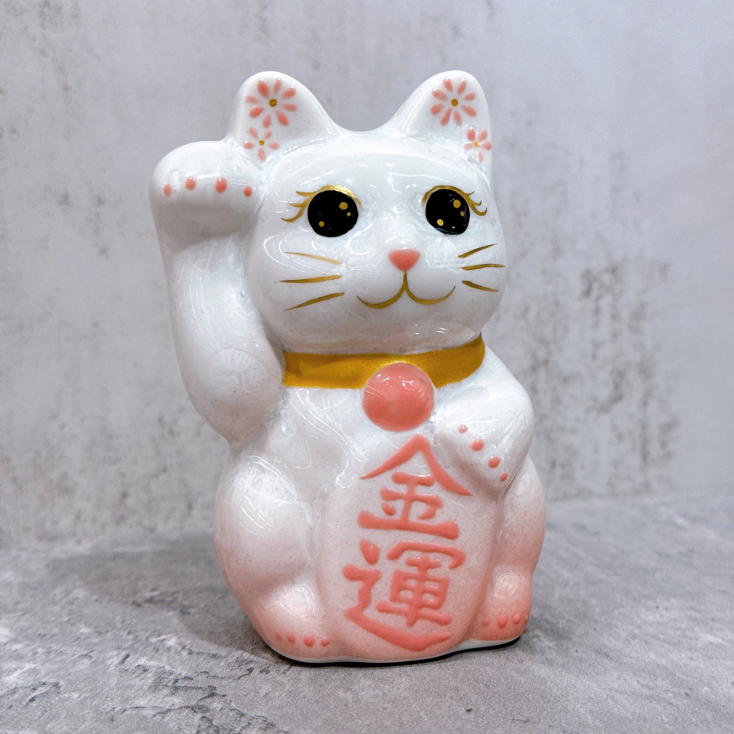 日本清水燒招財貓 花結晶 桃白 金運 右 特小