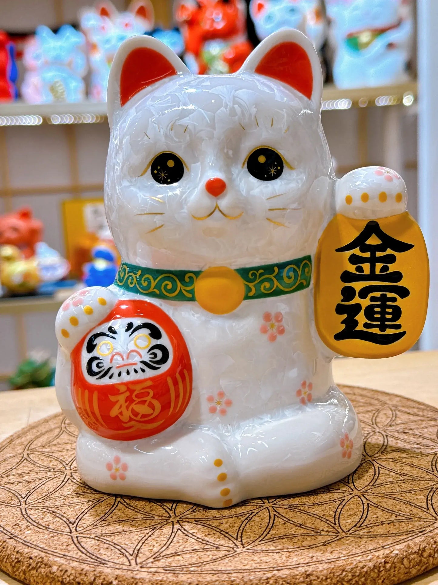 日本清水燒招財貓 達摩 花結晶 白 金運