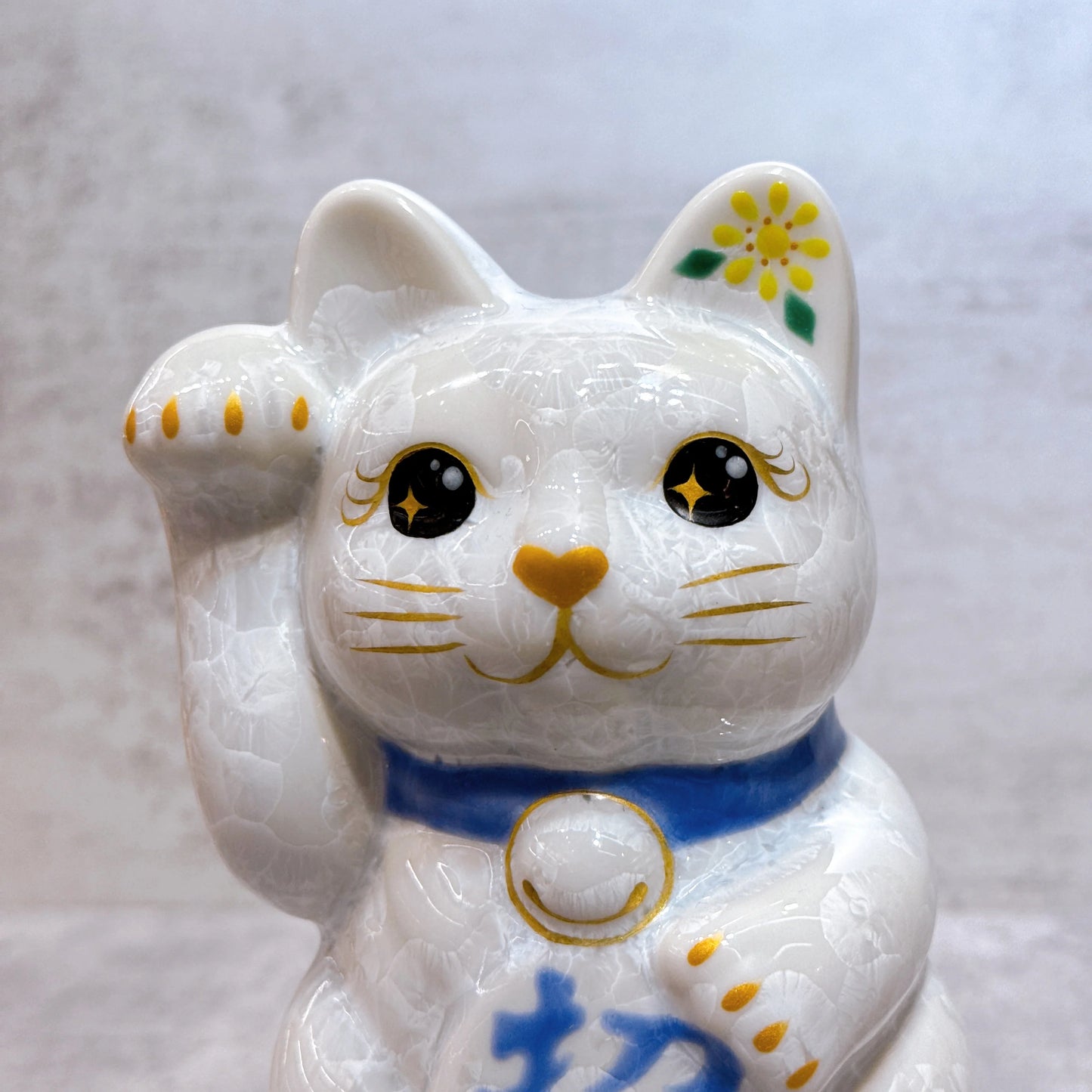日本清水燒招財貓 花結晶 白 招福 右