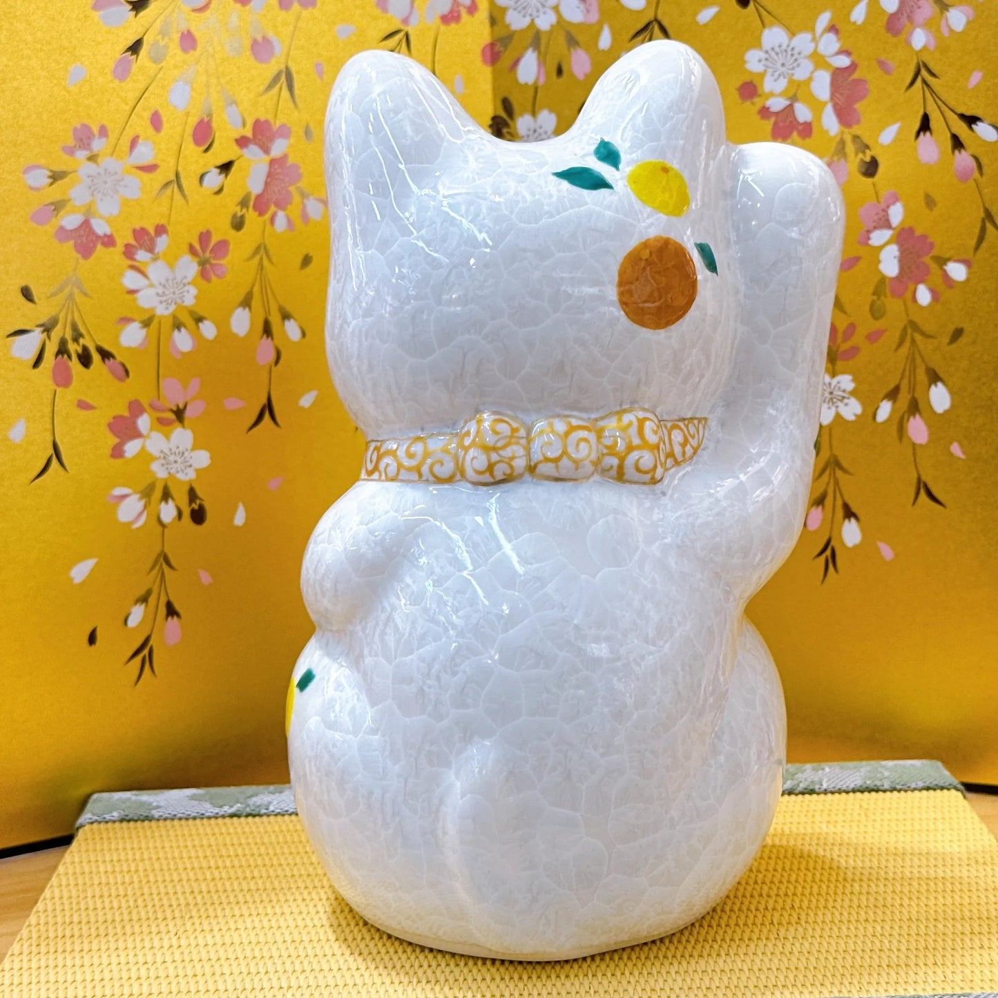 日本清水燒招財貓 花結晶 白 健康 特大 右