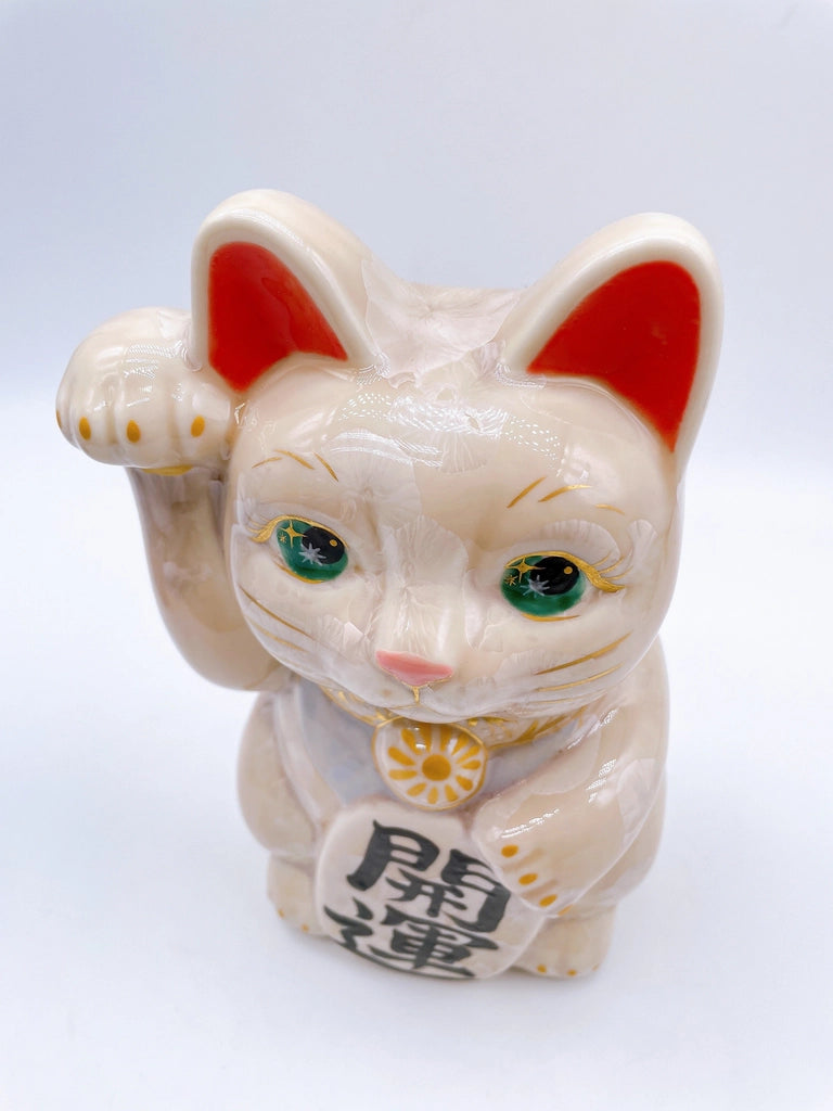 日本清水燒招財貓 花結晶 杏 開運 特大