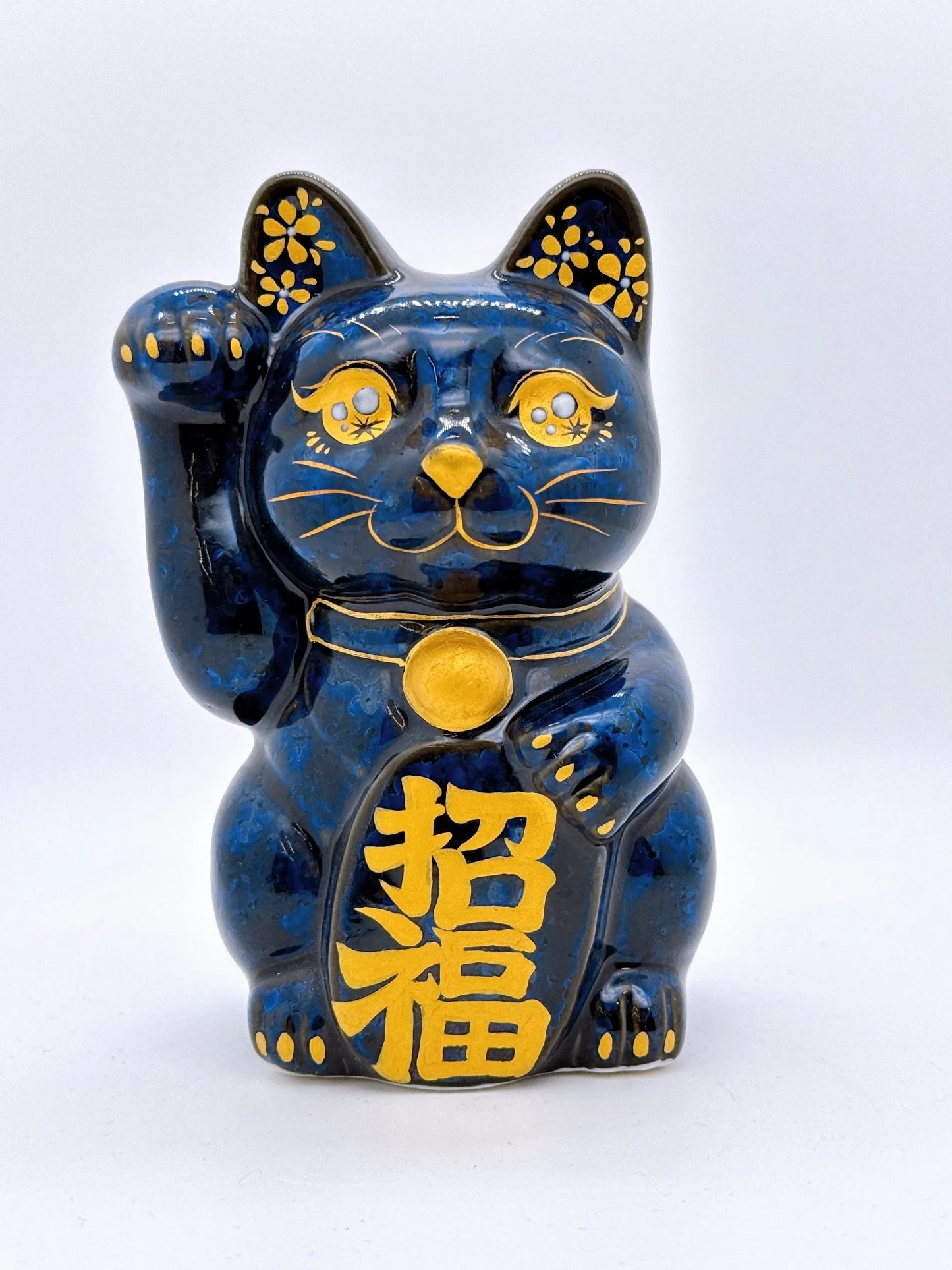 日本清水燒招財貓 青墨 金彩招福 櫻