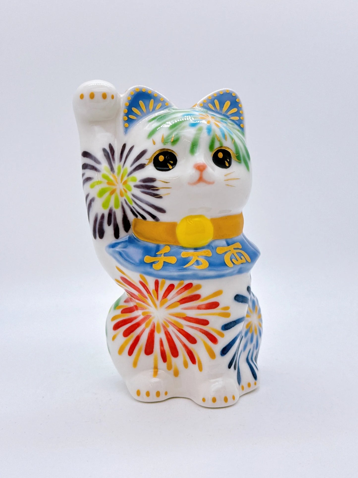 日本清水燒招財貓 色繪 花火