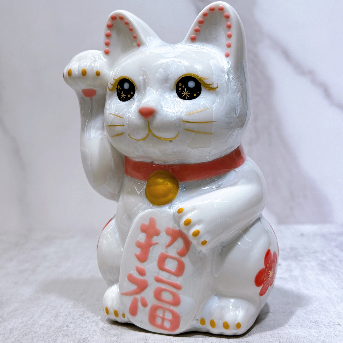 日本清水燒招財貓 花結晶 白 体花 招福 右