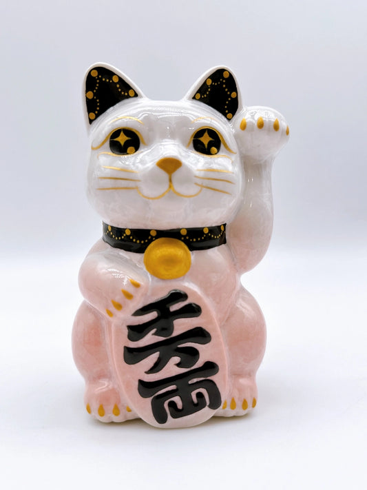 日本清水燒招財貓 花結晶 桃白 千万両 左