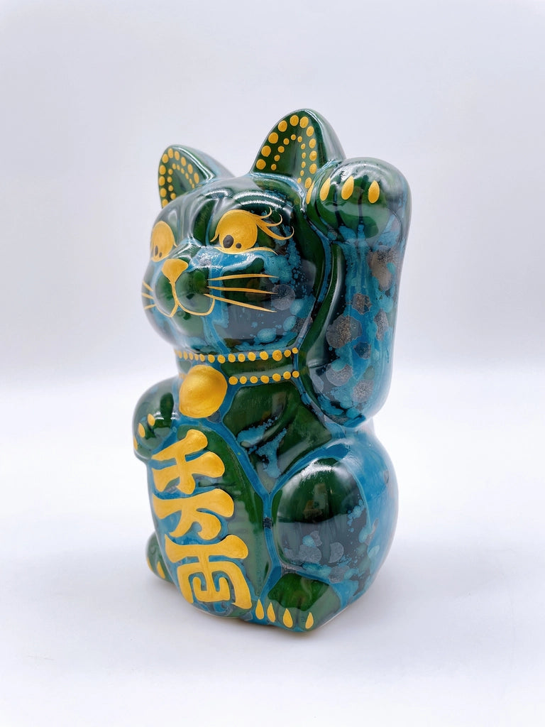 日本清水烧招财猫 古地深绿 千万两 左