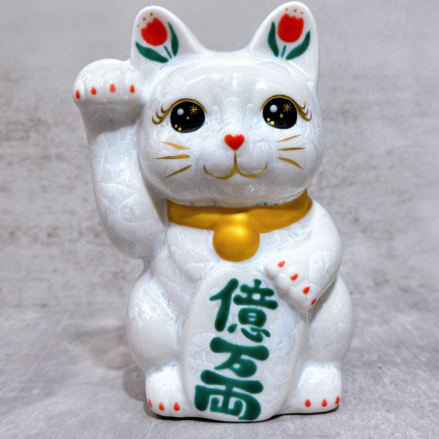 日本清水燒招財貓 花結晶 白 億萬両 右